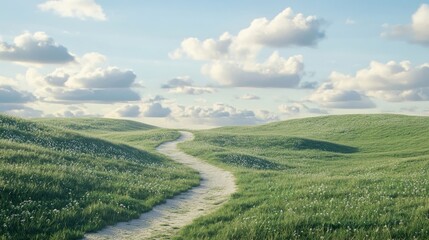 Obraz premium Winding path through a hilly green field under a bright morning sky