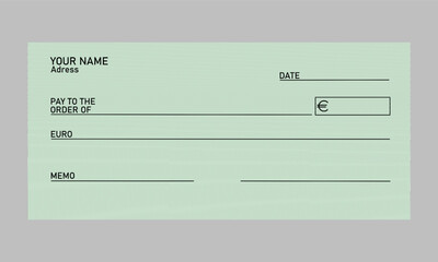 Blank bank cheque, checkbook check template. Bank payment check or money voucher and cash payment check certificate, euro bill payment check