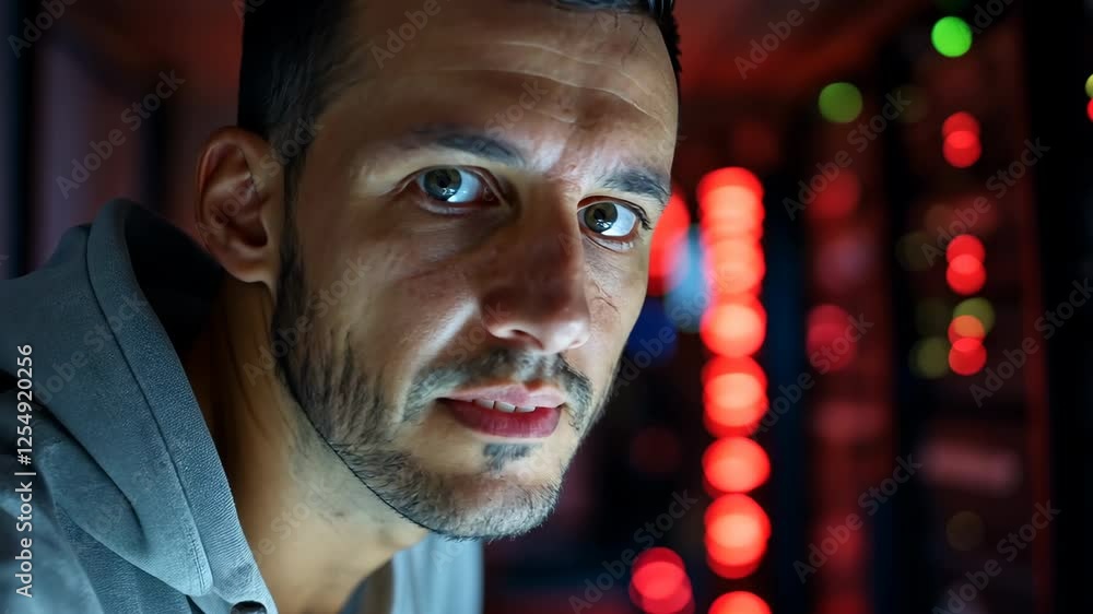 Poster a man is sitting in front of a computer screen with a hoodie on. he is looking at the screen with a 