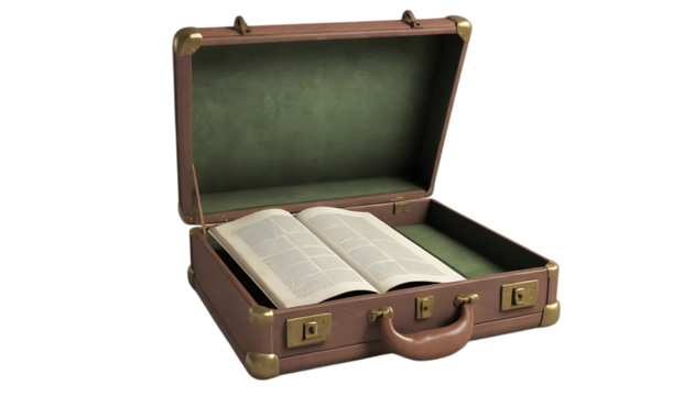 3D old suite case opening with book png