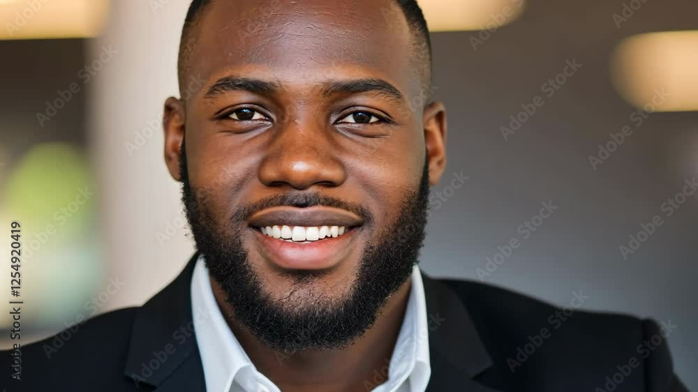 Poster a man in a suit and tie is smiling at the camera. he is sitting at a desk with a laptop in front of 