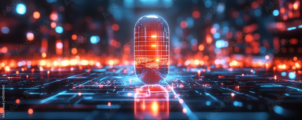 Poster futuristic pill placed in the center of a glowing atomic grid interface, digital holographic element