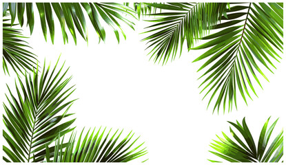Transparent background with palm leaves, 3d rendering vector illustration, realistic foliage, tropical frame, PNG, summer plant border, exotic design, nature, tropical decoration, green © aura studio