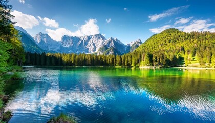 Fototapeta premium Breathtaking view of Fusine Lake with Mangart Peak in the background. A popular travel destination near the Mediterranean Sea. Location: Tarvisio comune, spring.
