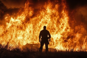 Obraz premium Man standing confidently in front of a large fire at night during a dramatic moment