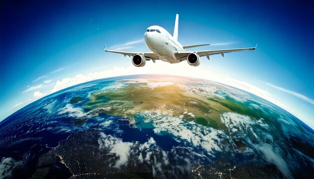 Avi&otilde;es, viagens internacionais e volta ao mundo. Avi&atilde;o de passageiros e fundo da terra. Miniaturas e banners.