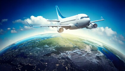 Obraz premium Flugzeuge, internationale Reisen und rund um die Welt. Passagierflugzeug und Erde Hintergrund. Thumbnails und Banner.
