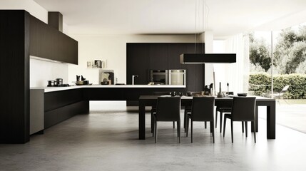 Modern dark kitchen design, dining area, garden view, home decor