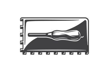 Trowel rectangular notched for laying floor tiles isolated on white background. Construction trowel icon. Spatula for cementitious adhesive. Vector illustration.