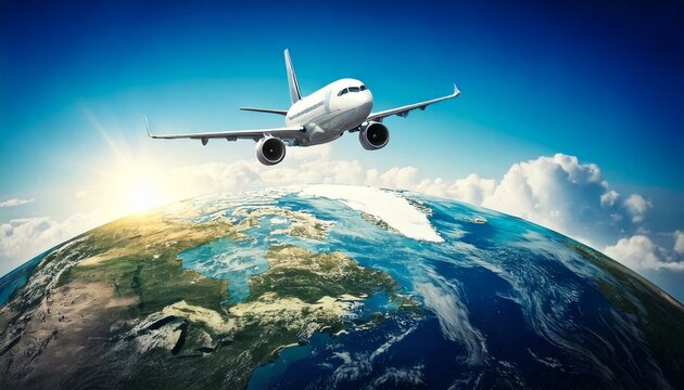 Avi&otilde;es, viagens internacionais e volta ao mundo. Avi&atilde;o de passageiros e fundo da terra. Miniaturas e banners.