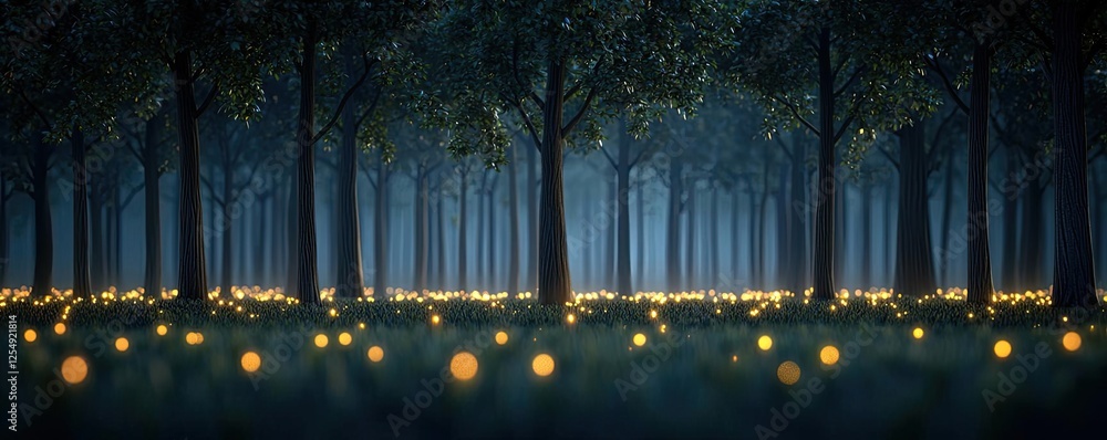 Poster glow forest idea. a serene forest illuminated by glowing orbs, creating a magical nighttime atmosphe