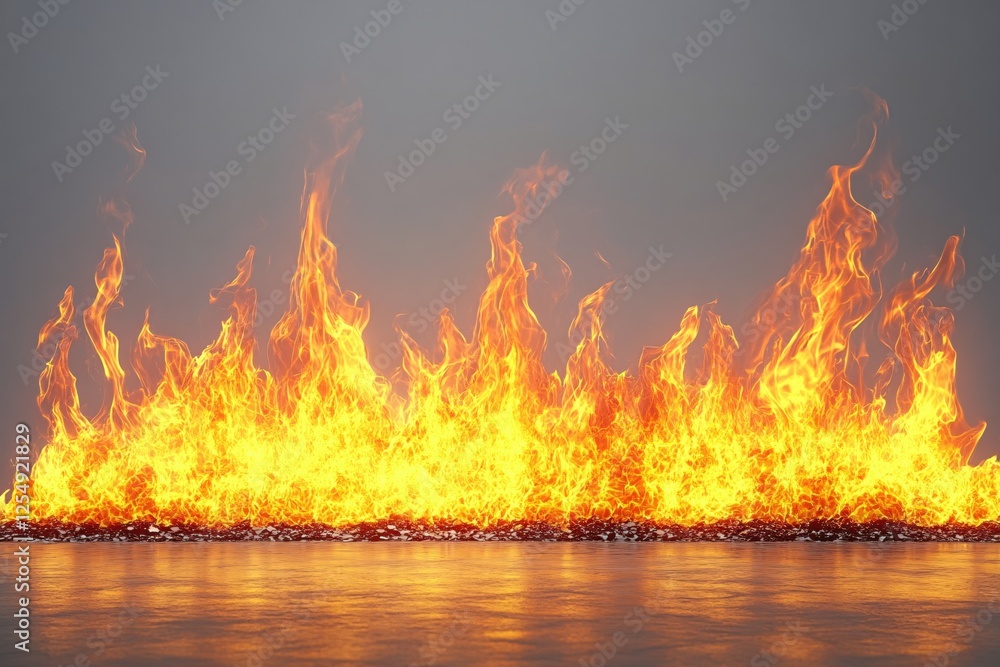 Poster intense inferno with fiery flames reflecting on a dark surface creating a dramatic effect