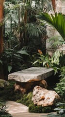 Obraz premium Stone garden table surrounded by plants and decorative rocks in a serene outdoor setting