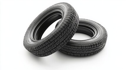 Two black old car tires isolated on white. Focus on recycling and reuse of rubber. 