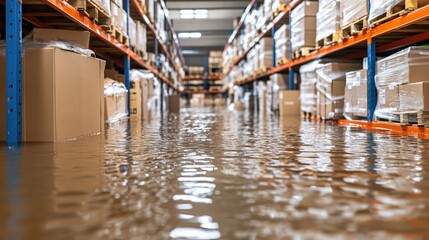 Warehouse Disaster Scene with Flood Damage and Cardboard Boxes on Shelves in a Retail Store