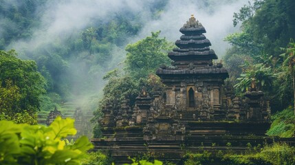 An ancient temple set amidst misty green foliage, its stone structure blending into the natural surroundings for a mystical vibe