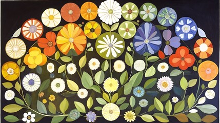 Colorful Floral Arrangement with Round Blossoms and Symmetrical Leaf Design on Dark Background Display