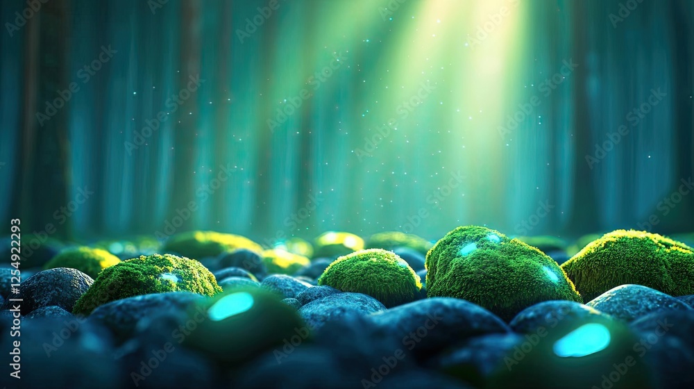 Aufkleber glow forest concept. serene forest scene with moss-covered stones illuminated by soft rays of light.