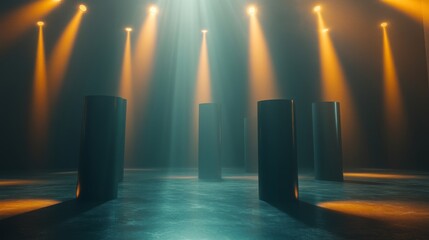 Virtual studio background with spotlights and 3D cylindrical shapes. Ideal for green screen or product shoots. 