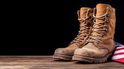 Pair of worn combat boots placed solemnly beside a folded American flag on a wooden table in dim lighting 