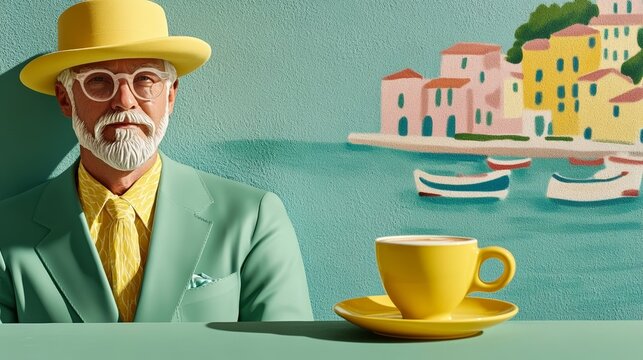 Old man enjoying coffee at a coastal Italian town overlooking the sea boats gently rocking in the harbor below 
