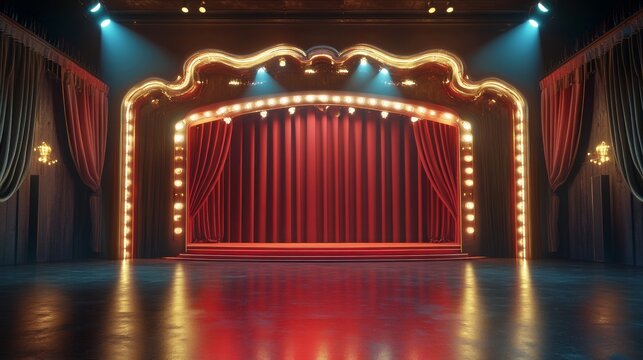 Virtual talk show set with 3D rendering. Perfect for live streaming or VR stage sets. 