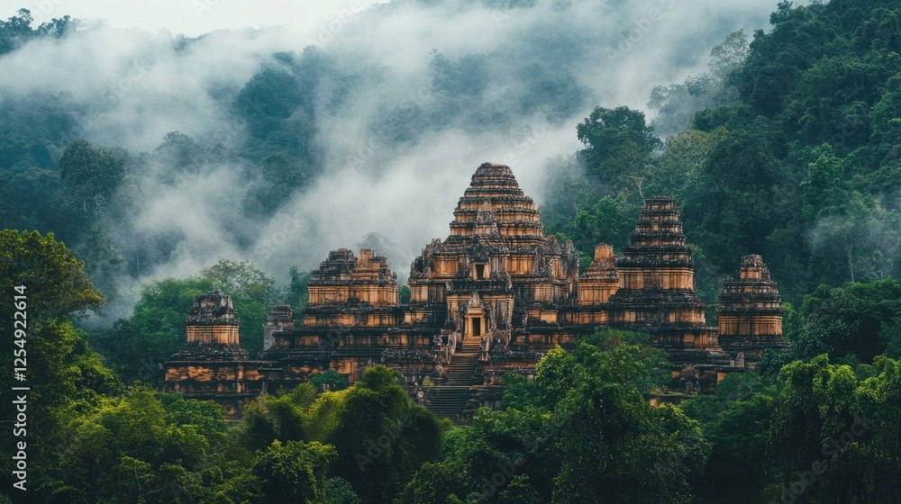 Poster a hidden ancient temple wrapped in mist and dense green forest, creating a magical and mysterious tr