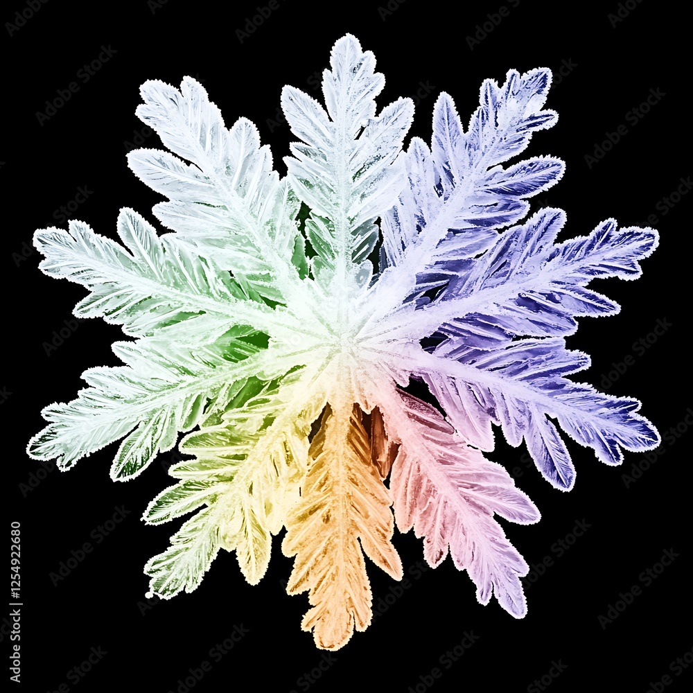 Poster Colorful Snowflake Crystal with Gradient Hues Illuminated on a Dark Backdrop Artistic Rendering