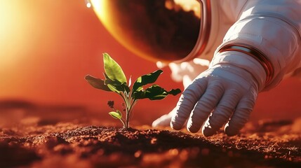 Astronaut planting a young plant in space.