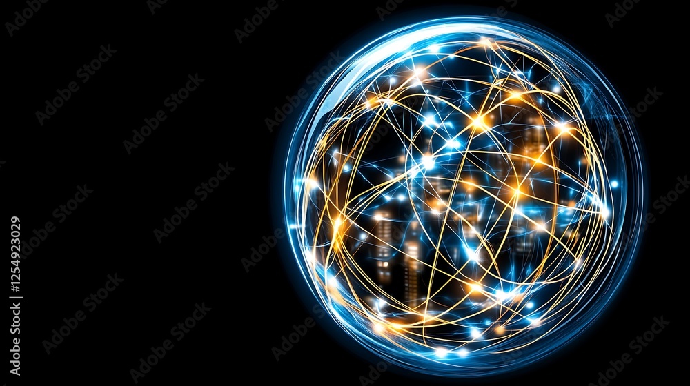 Poster connected global network sphere shining with data and digital connections and internet communication