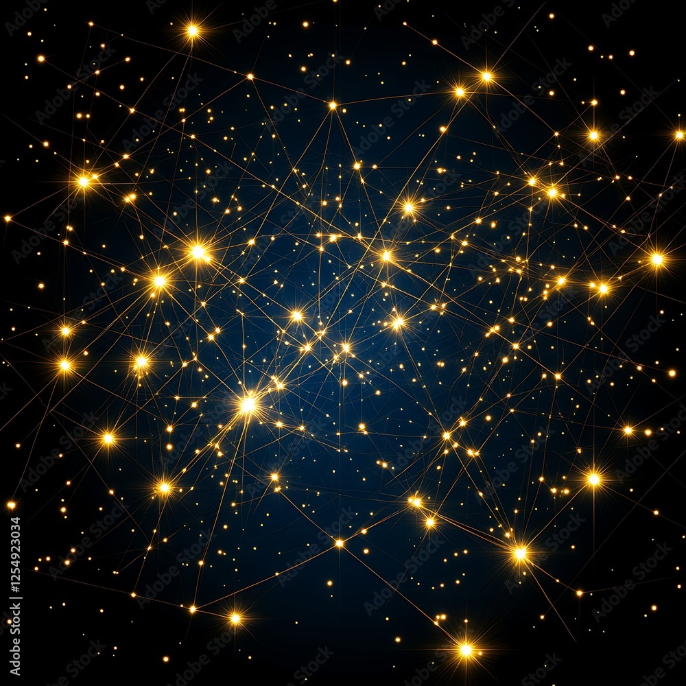 Poster connected points network representation over dark backdrop with golden hues and glowing visuals