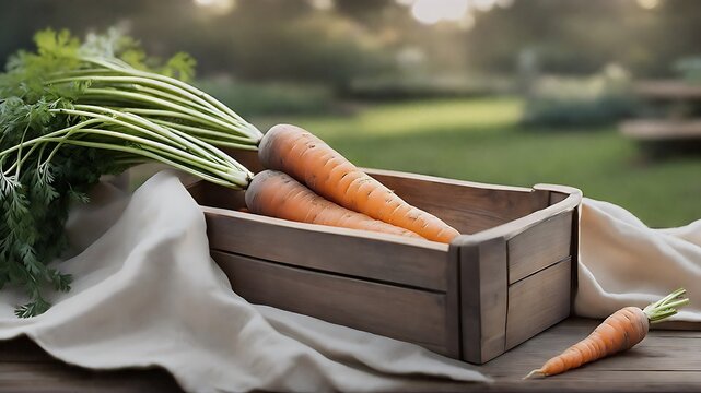 Healthy carrots in a wooden container, vegetable, healthy containers. Wallpapers, backgrounds
