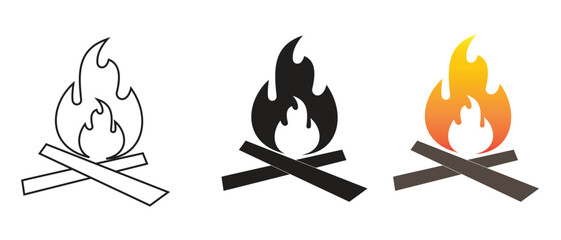 Set of fire icons, set of fire flames sign, symbol. Camp fire or bone fire icon and symbol design for web, logo, apps. Vector illustration.