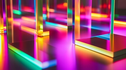 Vibrant glass blocks reflect neon lights creating colorful abstract art. AI generated