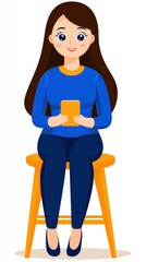 Fototapeta premium Smiling Woman with Long Brown Hair Sitting on a Yellow Chair Using a Cellphone