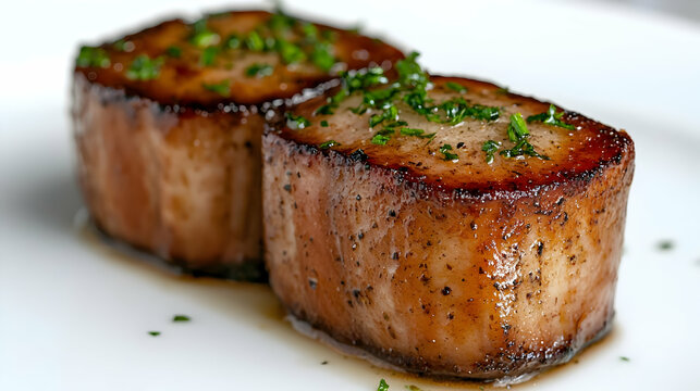 Seared scallops, herbs garnish, white plate, close-up, food blog