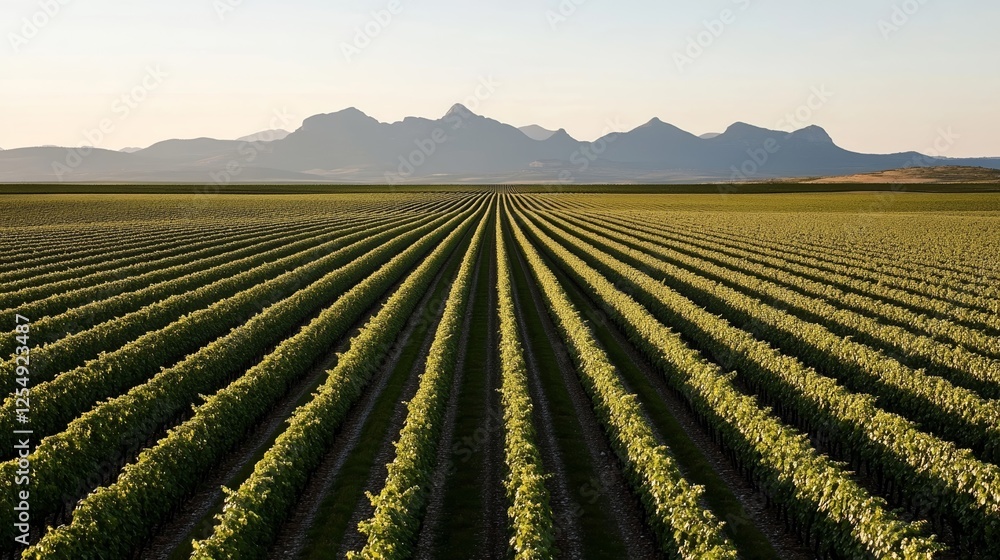 Poster sunlit vineyard in la rioja with rows of grapevines extending toward a mountainous horizon wine tast