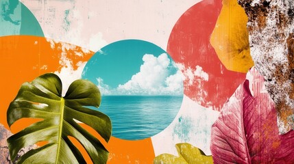 Naklejka premium Colorful abstract design with ocean and leaves.