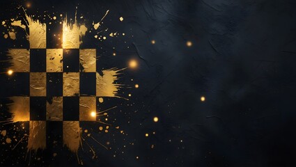 Golden Chessboard Abstract race: A dramatic abstract image featuring a golden chessboard pattern splashed across a dark background, with gold paint splatters adding a sense of dynamism and energy.