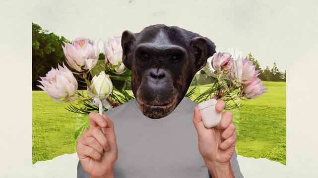 3d poster motion collage video of man instead head monkey hold earphones case listen music landscape garden background
