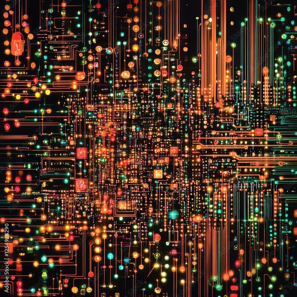 Poster vibrant abstract technology background with colorful light trails and digital patterns for creative 