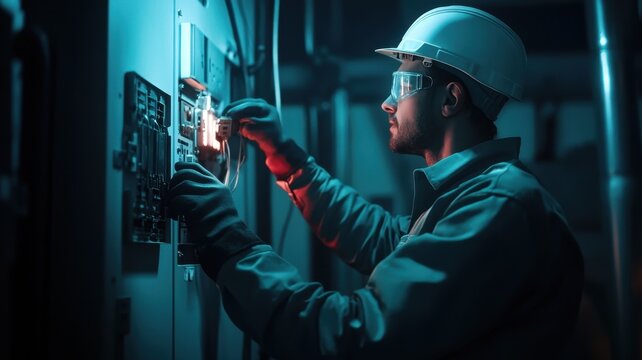 Electrician working on control panel at night