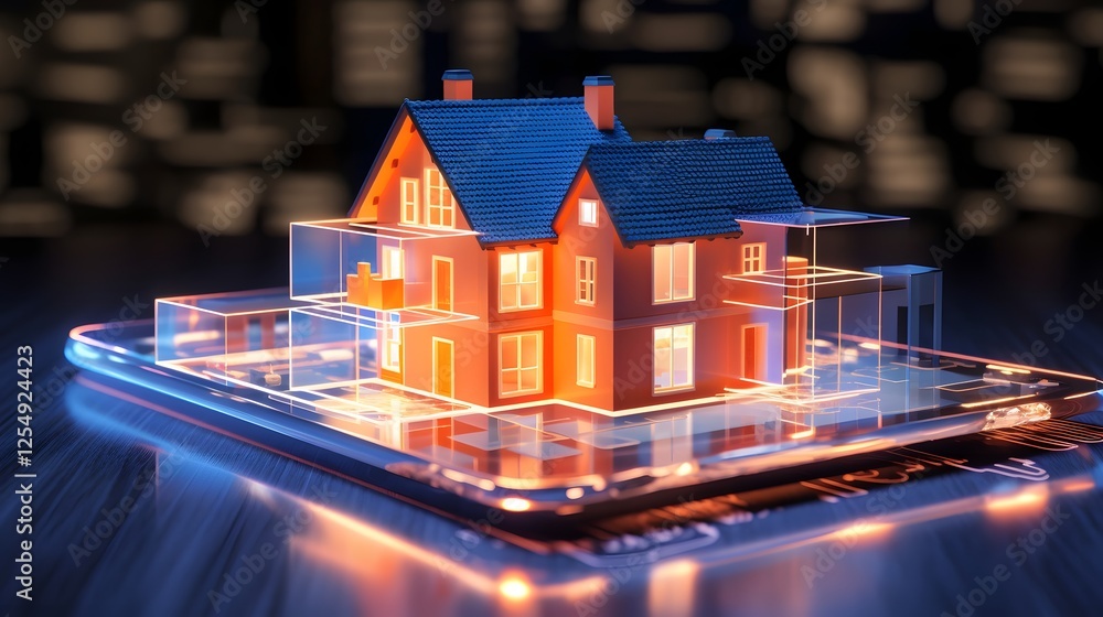 Poster futuristic blockchain based real estate transaction system displayed on a smartphone screen represen