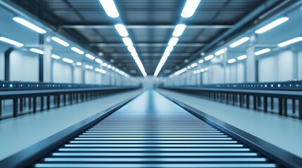 Obraz premium A spacious, illuminated warehouse interior with a long conveyor belt extending into the distance, showcasing a modern industrial design.