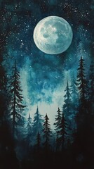 Naklejka premium Crescent moon shines over serene forest landscape at twilight