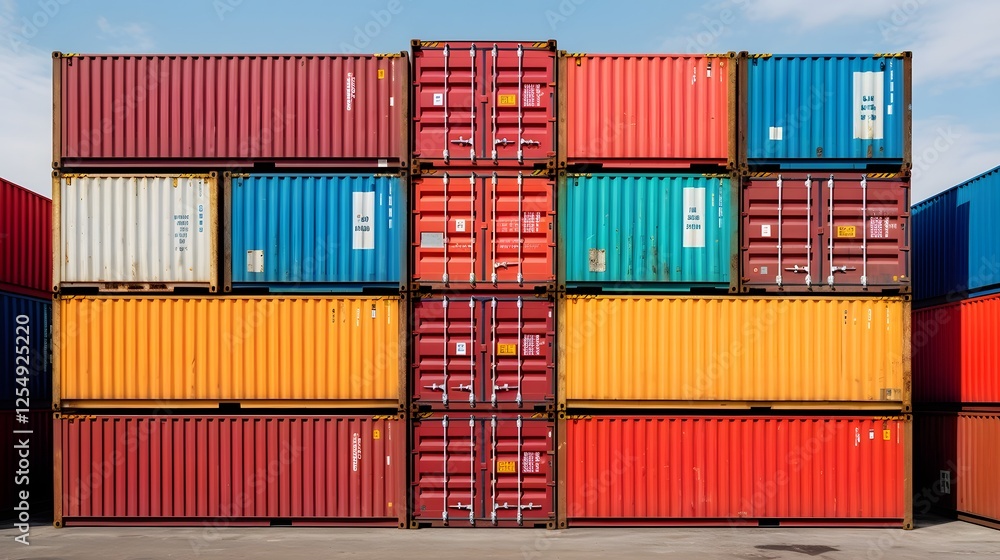 Poster rows of large stacked shipping containers in an industrial port dock facility clean minimalist compo