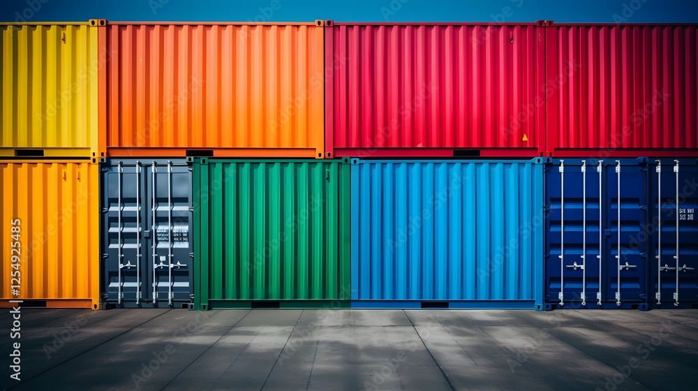 Poster aerial view of a modern cargo container yard with colorful shipping containers stacked in a symmetri