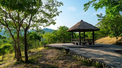 Wooden gazebo on the lake in the park.
