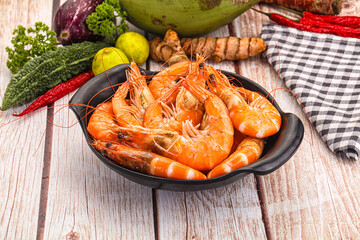 Tasty hot big boiled prawns