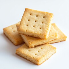Crispy square crackers stacked on white background; food photography for recipe